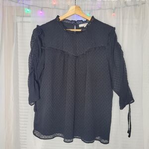 Loft Black Swiss Dot Ruffle Neck 3/4 Sleeve Blouse Womens XL